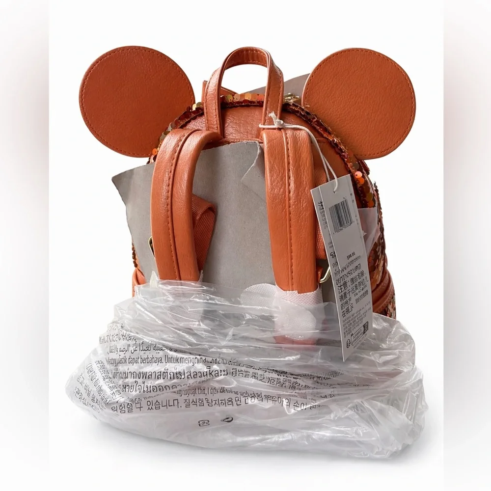 NWT-Disney Loungefly Minnie Mouse  Orange Sequence Backpack - Picture 3 of 5